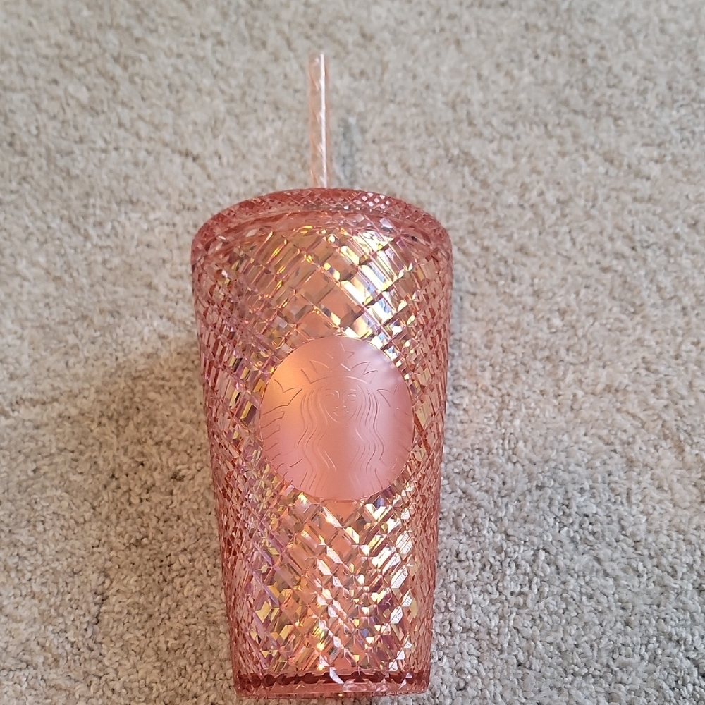 Starbucks Pink Tumbler with Diamond Pattern and Metallic Finish